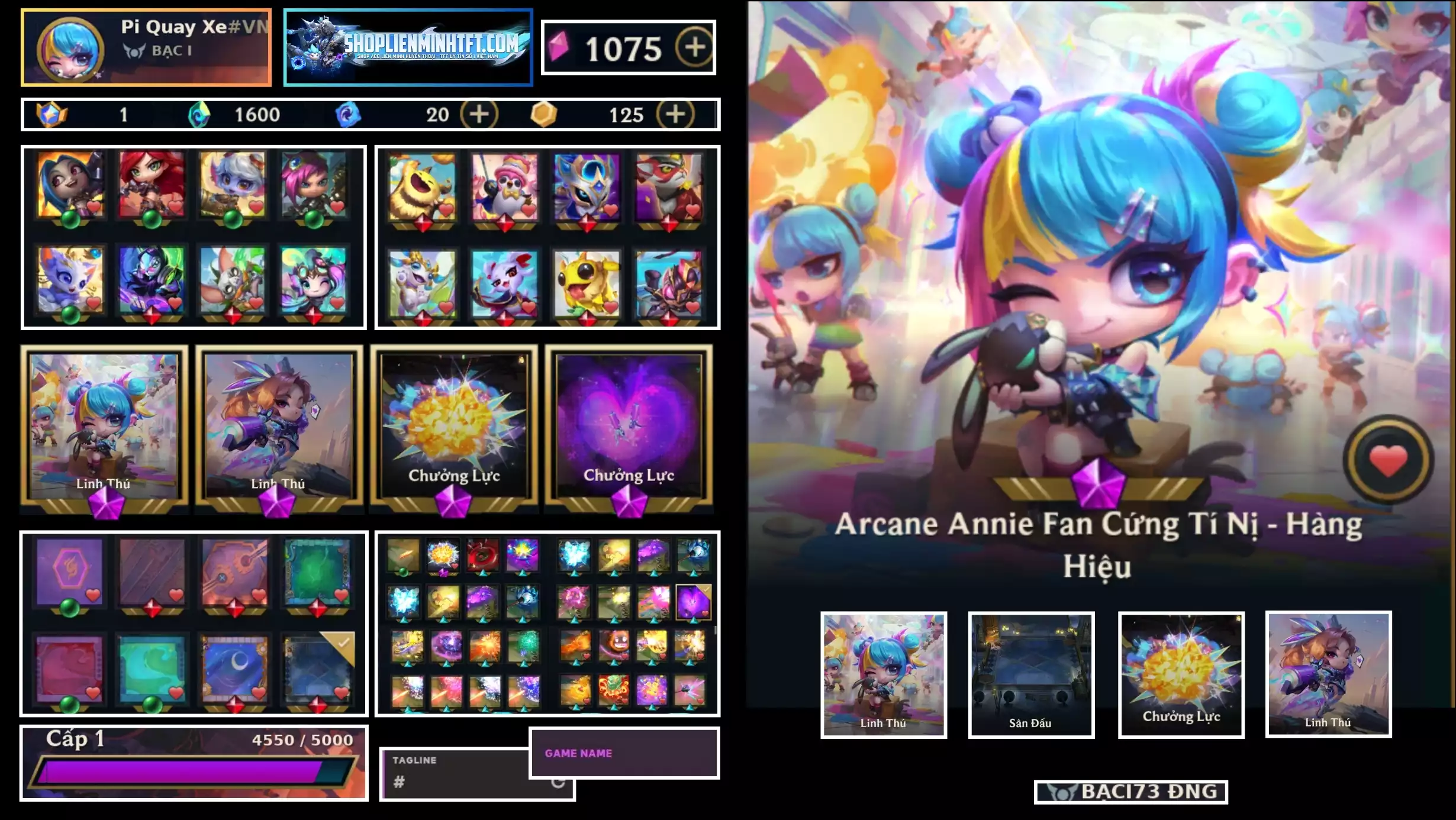 ARCANE ANNIE FAN CỨNG TÍ NỊ HÀNG HIỆU  MISSFORTUNE THỎ CHỈ HUY TÍ NỊ  CHƯỞNG ANNIE HÀNG HIỆU , MISS 5 TÍ NỊ , RẤT NHIỀU PET ĐỎ 3  SAO ,5 SÂN ĐỎ,RẤT NHIỀU CHƯỞNG, RANK BẠC 1, DƯ 1K MẢNH SAO ,CÒN ĐỔI TÊN